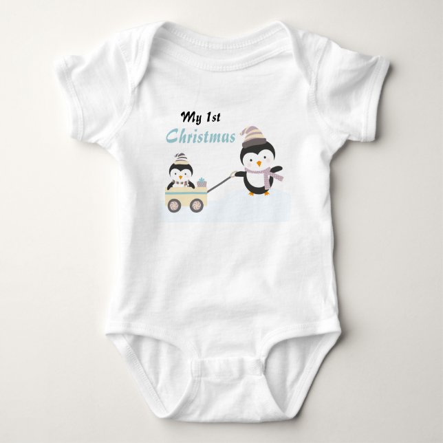 My 1st Christmas Funny Penguins Baby Bodysuit (Front)