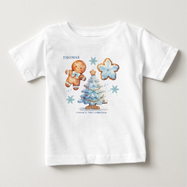 My 1st Christmas Gingerbread Boy Snowy Tree  Baby T-Shirt (Front)
