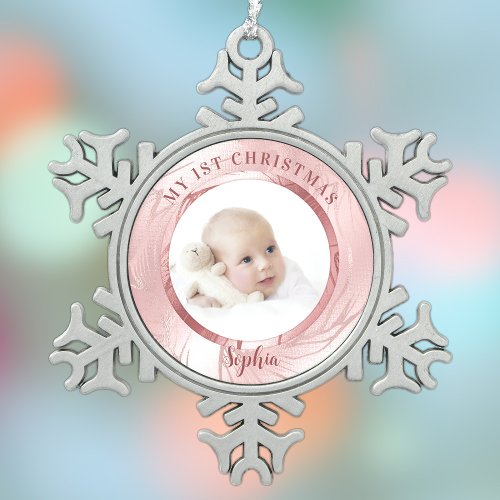 My 1st Christmas pink baby girl photo Snowflake Snowflake Pewter Christmas Ornament