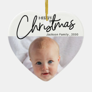 My 1st Christmas Script Photo Snowflake Heart  Ceramic Ornament