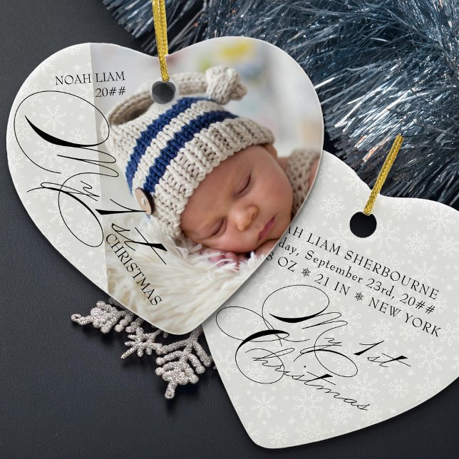 My 1st Christmas Script Photo Snowflake Heart Ceramic Ornament (Heart Ornament with Photo for Baby's First Christmas)