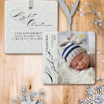 My 1st Christmas Script Vertical Photo Snowflake Ceramic Ornament<br><div class="desc">My First Christmas photo ornament with vertical photo, elegant calligraphy and delicate white snowflakes on a silver grey border. The photo template is ready for you to add your photo, baby's name, the year and your custom text on the back. With the exception of the handwritten text used for My...</div>