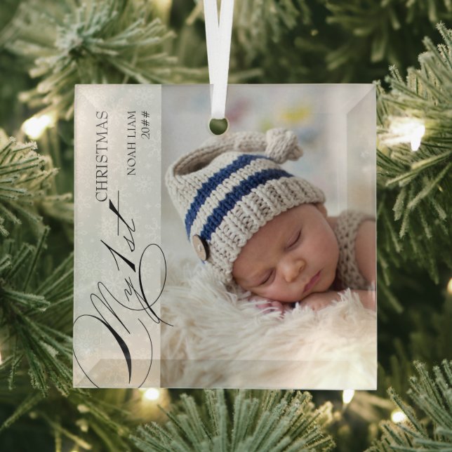 My 1st Christmas Script Vertical Photo Snowflake Glass Ornament (Insitu)