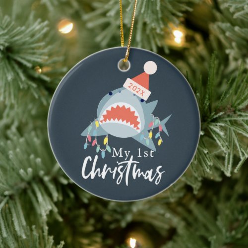 My 1st Christmas Shark Santa Holiday Lights Photo Ceramic Ornament