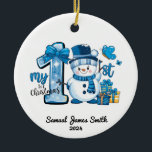 My 1st Christmas Snowman – Custom Ceramic Ornament<br><div class="desc">Celebrate your little one's first Christmas with this cute and frosty design! Featuring an adorable snowman, a large number one wrapped in a festive blue bow, and bright holiday presents, this design is perfect for commemorating your baby's special milestone. Personalize it with your child’s name and the year to make...</div>
