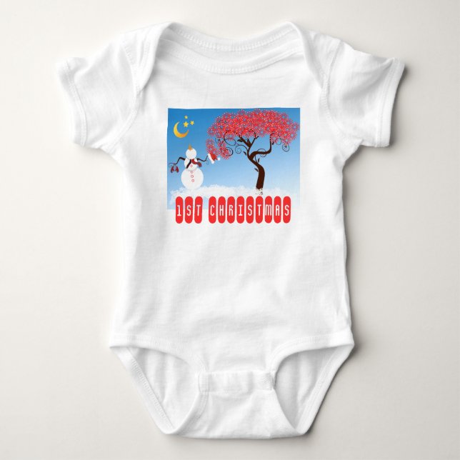 My 1st Christmas Snowman Looking up at the Moon Baby Bodysuit (Front)
