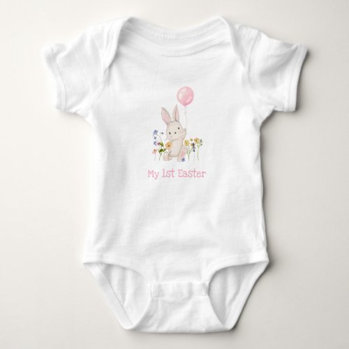 My 1st Easter Cute Floral Bunny with Pink Balloon Baby Bodysuit