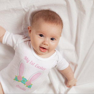 My 1st Easter Cute Pink Bunny Ears Personalized Baby Bodysuit