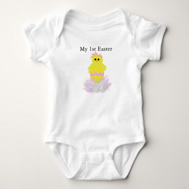 My 1st Easter Girls Yellow Chick Pink Egg Baby Bodysuit (Front)