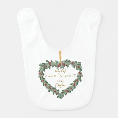 My 1st First Christmas Heart Christmas Wreath Name Baby Bib