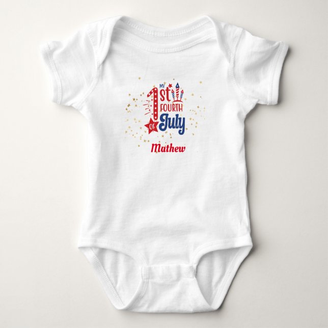 My 1st Fourth of July-Fireworks Stars Monogrammed Baby Bodysuit (Front)