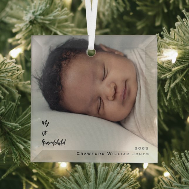 My 1st Grandchild Baby Photo Neutral Custom Glass Ornament (Insitu)