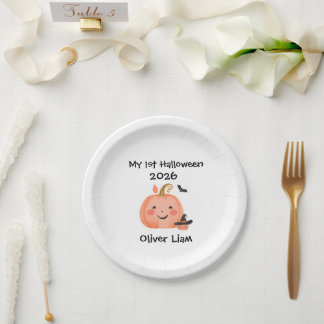 My 1st Halloween 2026 Smiling Pumpkin Witch Name Paper Plates