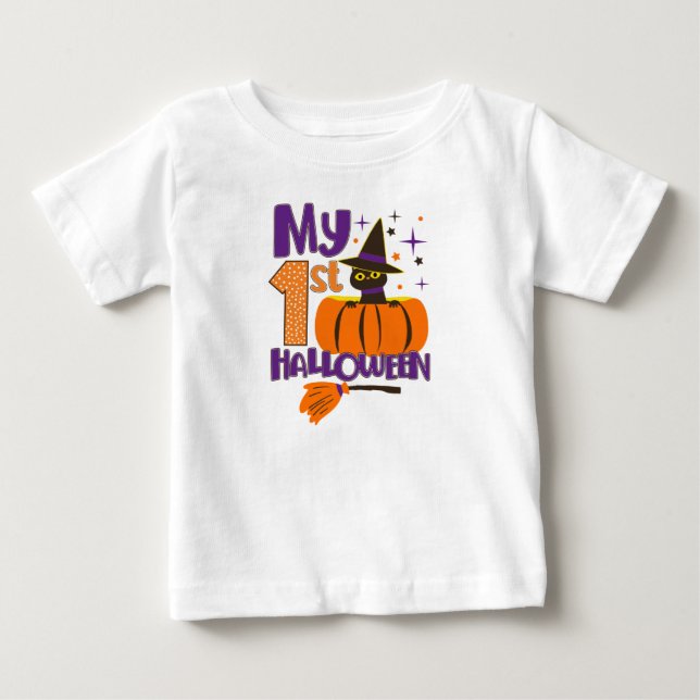 My 1st Halloween Baby Cute Black Cat Witch Pumpkin T-Shirt (Front)