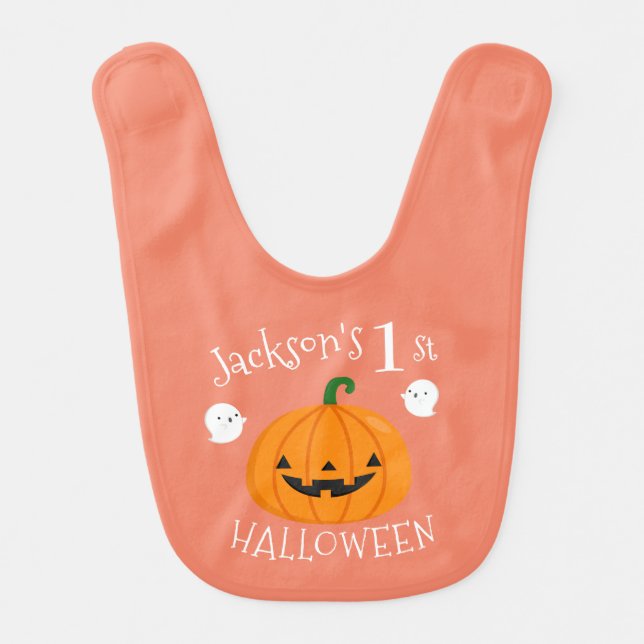 My 1st Halloween Cute Ghost Pumpkin Personalized Baby Bib (Front)