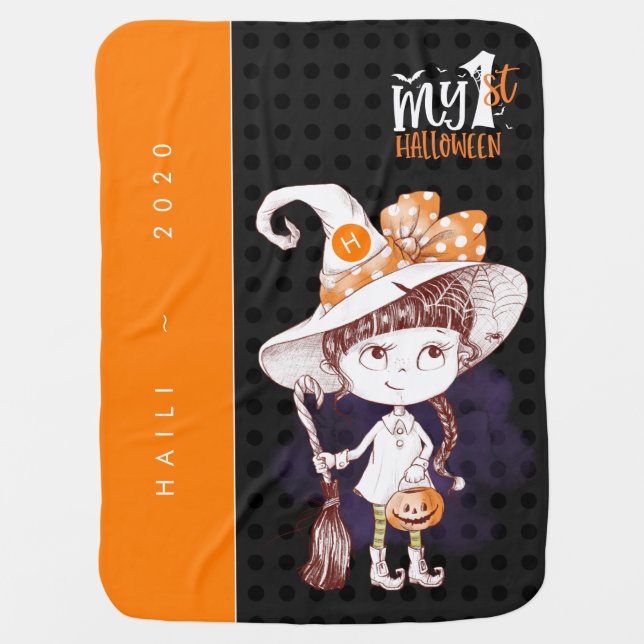 My 1st Halloween Orange & Black Witch Monogram Baby Blanket (Front)