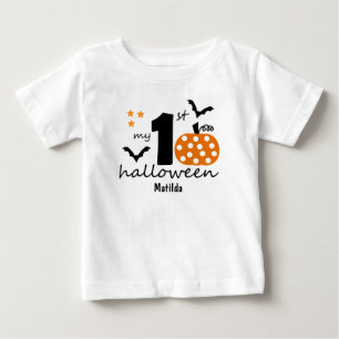 My 1st Halloween. Pumpkin & Bats. Editable Name Baby T-Shirt