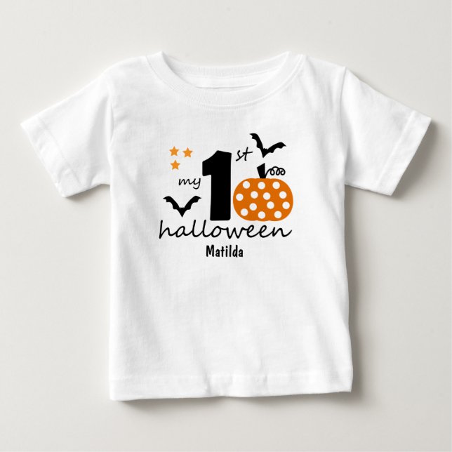 My 1st Halloween. Pumpkin & Bats. Editable Name Baby T-Shirt (Front)