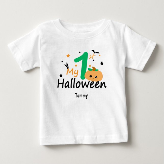 My 1st Halloween. Pumpkin, Bats, Editable Name Baby T-Shirt (Front)