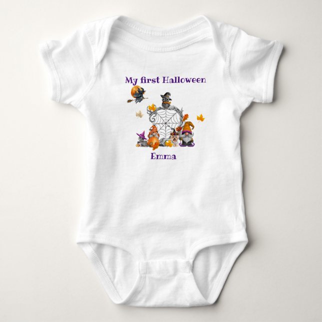 My 1st Halloween-Whimsical Halloween Gnome Scene Baby Bodysuit (Front)
