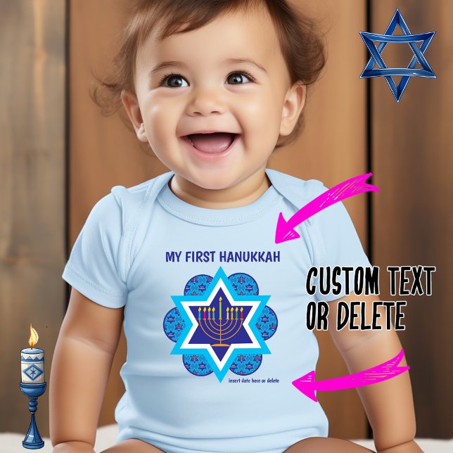 My 1st Hanukkah blue - customizable Baby Bodysuit (My [ custom ] Hannukkah - blue onesie)