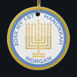 My 1st Hanukkah Photo Blue Gold Personalized Ceramic Ornament<br><div class="desc">Personalize this cute blue and gold MY 1ST HANUKKAH ornament for a one of a kind keepsake. Upload your baby's photo on one side and add baby's name and the year on the other. The traditional blue and gold Hanukkah colors are highlighted by a simple gold tone Menorah in the...</div>