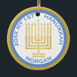 My 1st Hanukkah Photo Blue Gold Personalized Ceramic Ornament<br><div class="desc">Personalize this cute blue and gold MY 1ST HANUKKAH ornament for a one of a kind keepsake. Upload your baby's photo on one side and add baby's name and the year on the other. The traditional blue and gold Hanukkah colors are highlighted by a simple gold tone Menorah in the...</div>