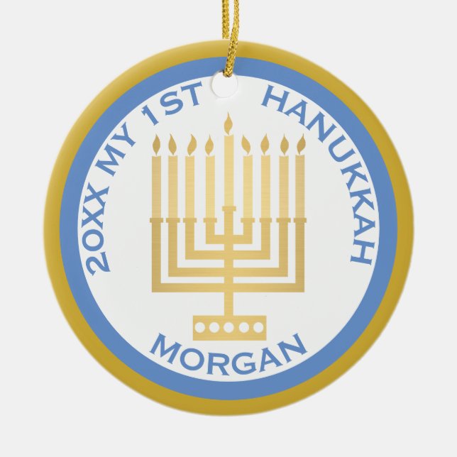 My 1st Hanukkah Photo Blue Gold Personalized Ceramic Ornament (Front)