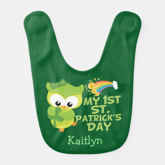 My 1st St. Patrick's Day Cute Owl Custom Green Baby Bib (Front)
