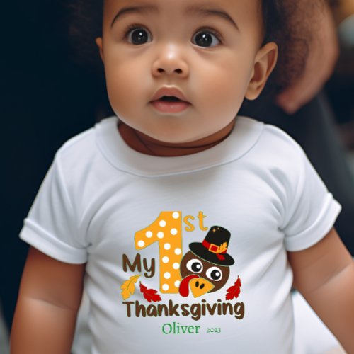 My 1st Thanksgiving Add a Name a Year white boys Baby Bodysuit