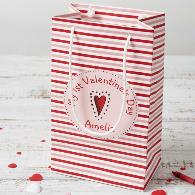 My 1st Valentine’s Day Red Pink White Baby Small Gift Bag (Cute Trendy My 1st Valentine's Day Gift Bags for Baby Girl. Modern Red Pink Stripes Pattern for Kids)