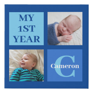 My 1st Year Birthday Boy Custom Blue Name Photo Faux Canvas Print