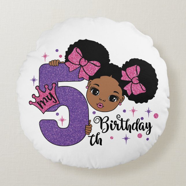 My 5th Birthday Black Girl Glitter Princess Design Round Pillow (Front)