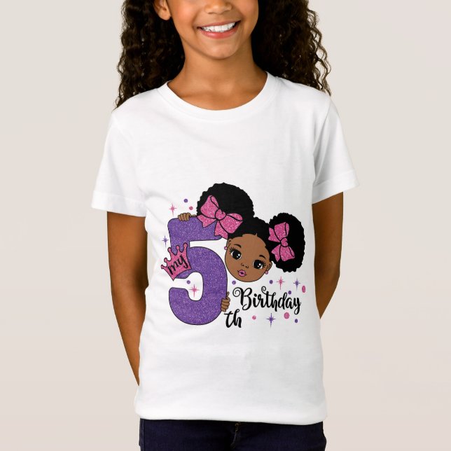 My 5th Birthday Black Girl Glitter Princess Design T-Shirt (Front)