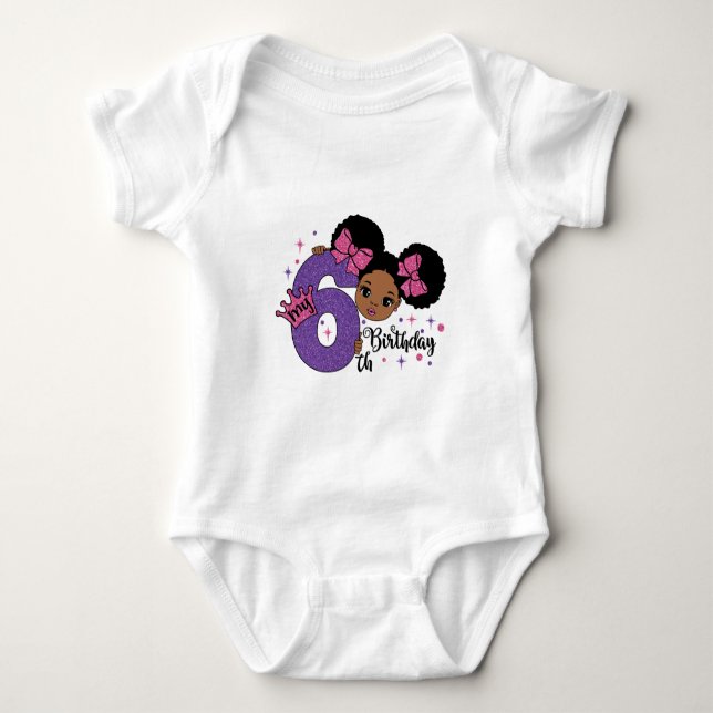 My 6th Birthday Girl Afro Hair Pink Glitter Bows Baby Bodysuit (Front)