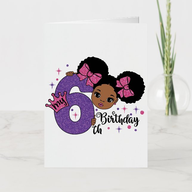 My 6th Birthday Girl Afro Hair Pink Glitter Bows Foil Greeting Card (Front)