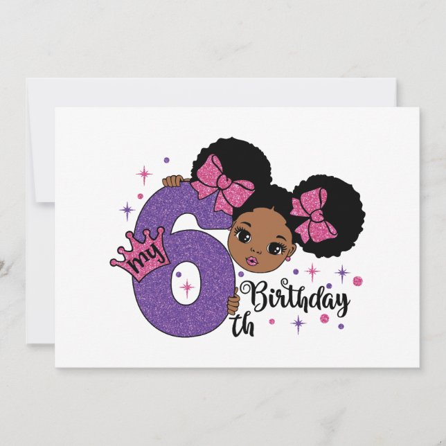 My 6th Birthday Girl Afro Hair Pink Glitter Bows Invitation (Front)
