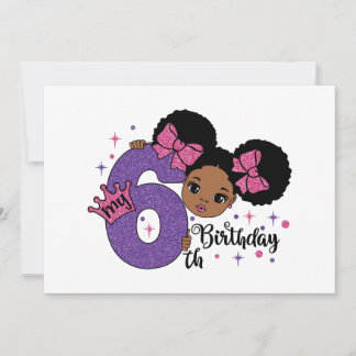 My 6th Birthday Girl Afro Hair Pink Glitter Bows Invitation