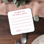 My advice for the bride & groom fun red wedding sq square paper coaster<br><div class="desc">Fun wedding paper coaster featuring 4 crimson red lines for your guests to write their happy thoughts for the newlyweds over a white background; the caption on top of the coaster reads "My advice for the bride and groom" in dark red modern fonts. View the matching "Delicate Orchids - Crimson...</div>