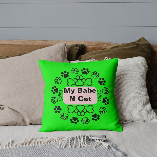 My Babe And Cat Funny Retro Cute Modern Paw Lime Throw Pillow (Creator Uploaded)