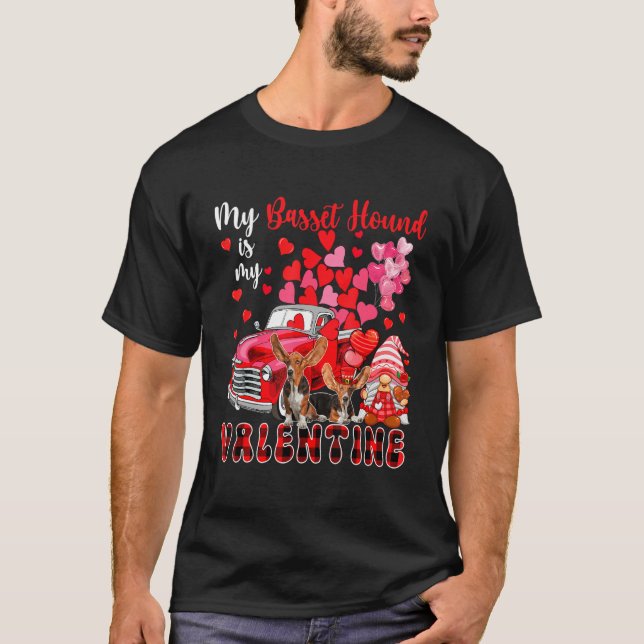 My Basset Hound Is My Valentine Two Dogs With Gnom T-Shirt (Front)