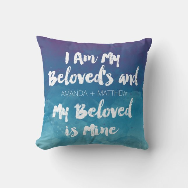 My Beloved Is Mine Blue Watercolor Personalized Throw Pillow (Front)