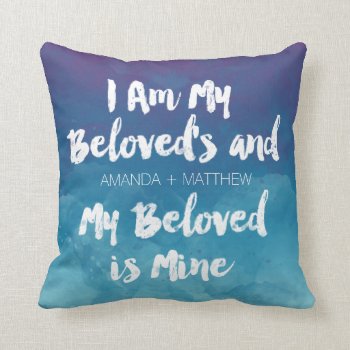 My Beloved Is Mine Blue Watercolor Personalized Throw Pillow by DuchessOfWeedlawn at Zazzle