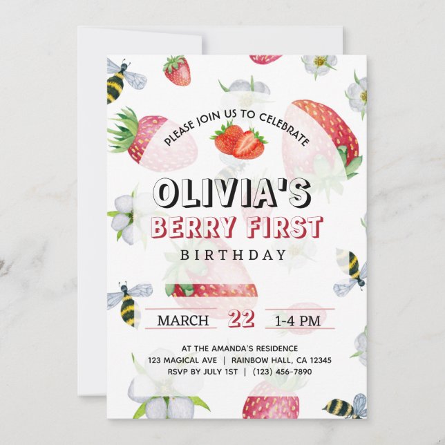 My Berry First Birthday Strawberry Birthday Invitation (Front)