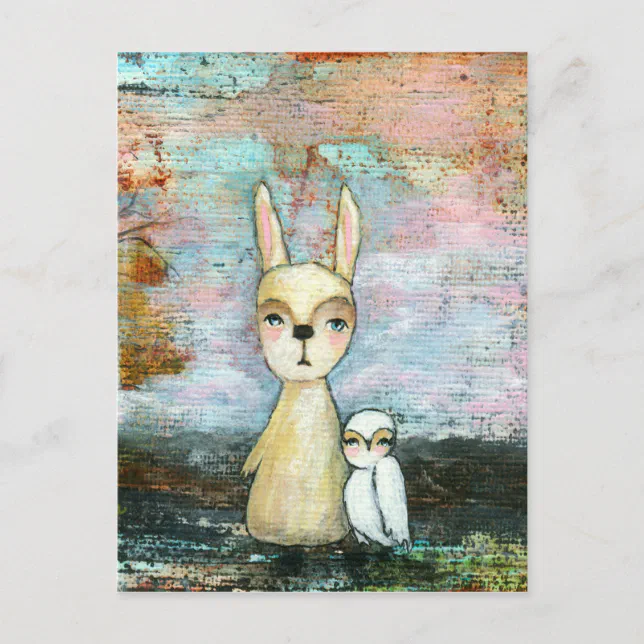My Best Friend, Baby Rabbit, Baby Owl Abstract Art Postcard Zazzle