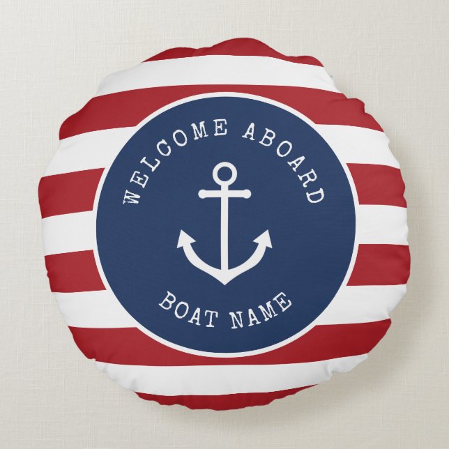 My boat is my happy place nautical round pillow (Back)