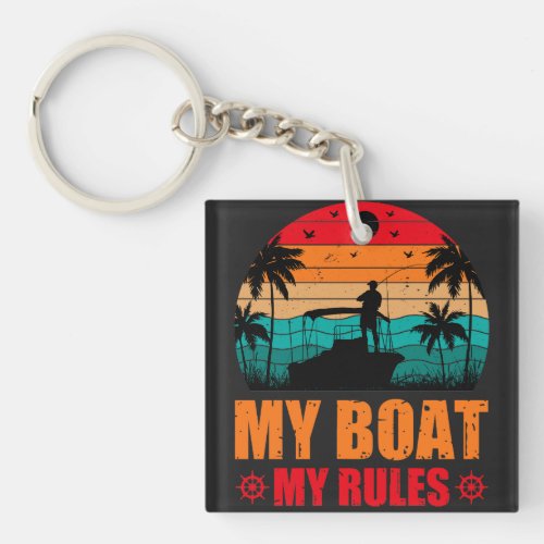 My Boat My Rules Fishing Lovers Sunset Vintage Keychain