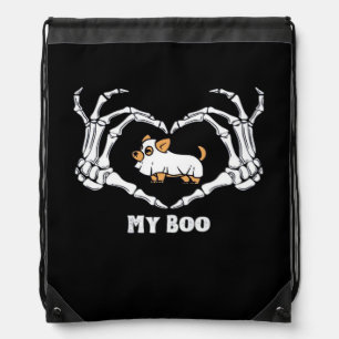 My Boo Chihuahua Costume With Skeleton Heart Hands Drawstring Bag