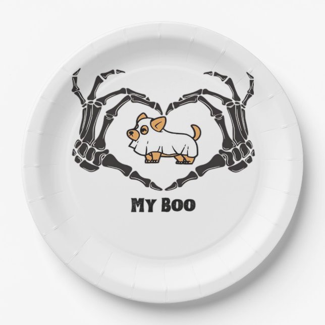 My Boo Chihuahua Costume With Skeleton Heart Hands Paper Plates (Front)