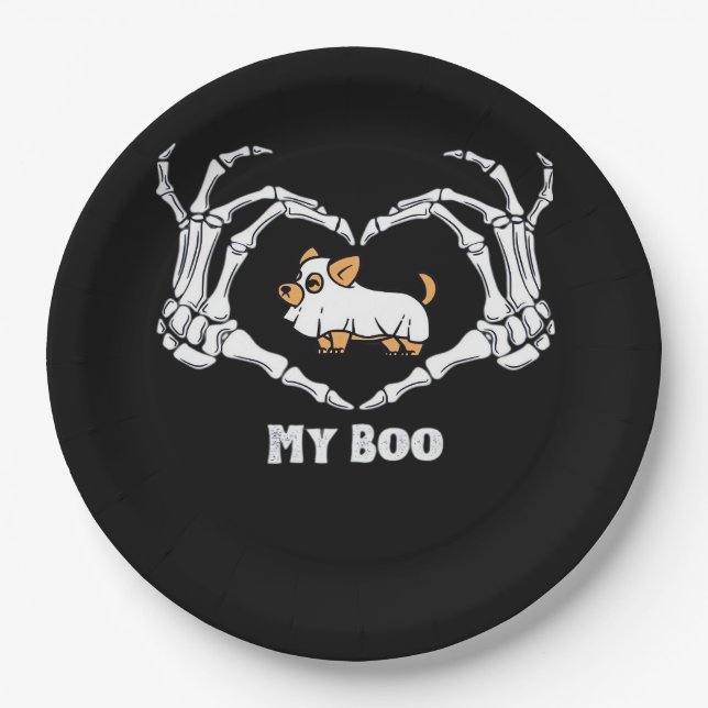 My Boo Chihuahua Costume With Skeleton Heart Hands Paper Plates (Front)